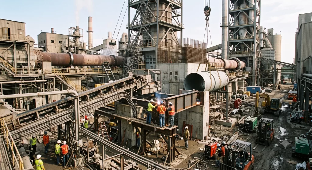 Engineers welding steel frameworks during an active brownfield cement plant expansion.