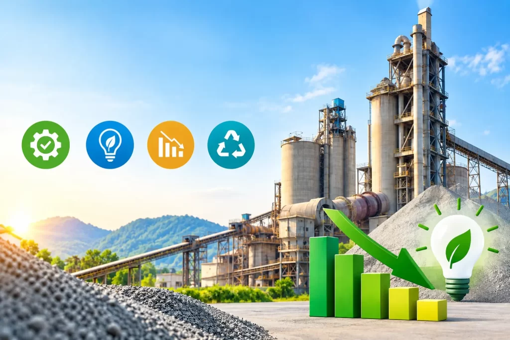 Modern cement plant with energy-efficient equipment, declining energy consumption chart, and sustainability icons.
