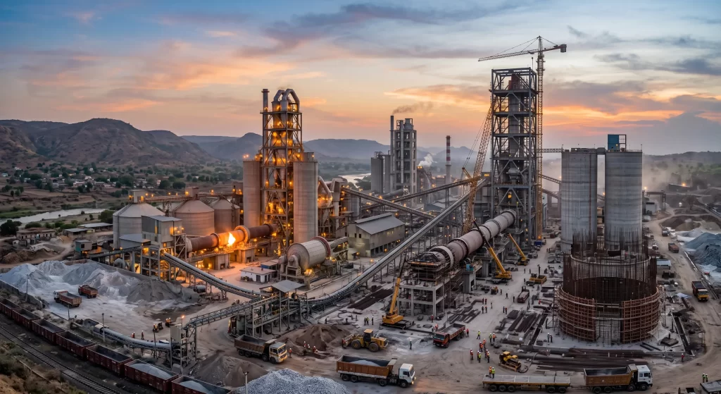 An elevated photograph of a large, complex cement plant operating at dusk. Flaring flames are visible from two of its rotary kilns, which are surrounded by towering structures and silos. Cranes and trucks are positioned around construction and production areas.