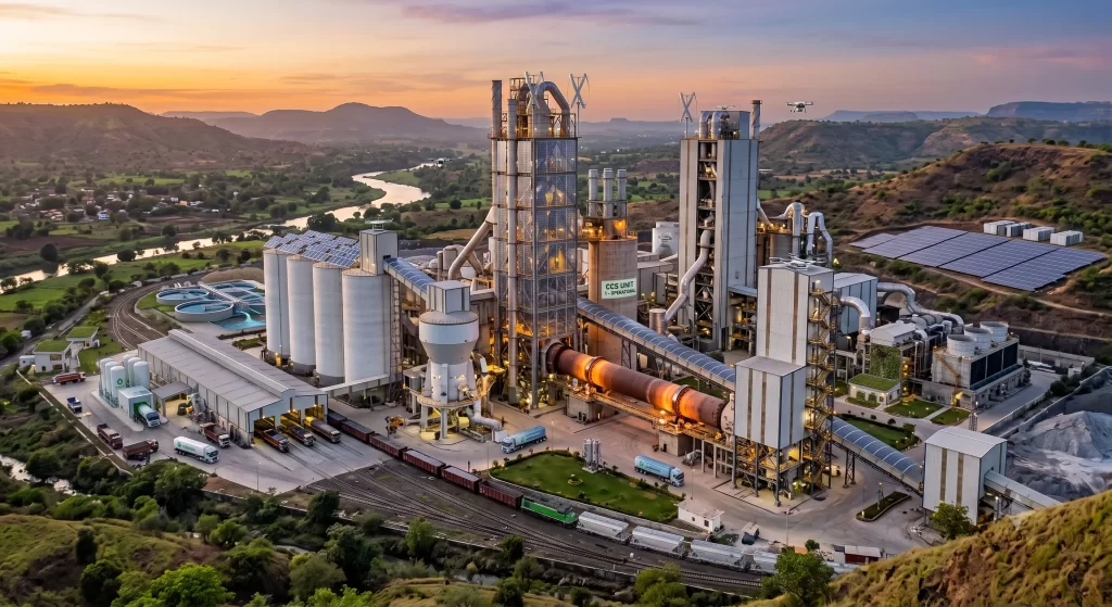 An aerial dusk photograph of a large, modern industrial plant with a rotary kiln and multiple tall buildings, located in a valley with a river and hills in India. The image highlights sustainable elements like solar panels and wind turbines, and includes a railway and truck depot