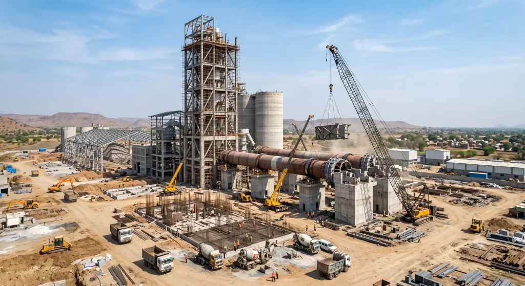 Construction site of a cement plant in India with heavy equipment and kilns.