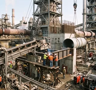 Engineers welding steel frameworks during an active brownfield cement plant expansion.