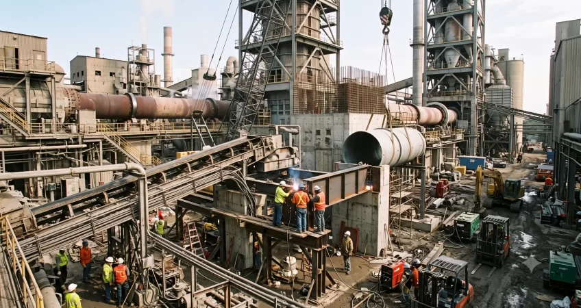 Engineers welding steel frameworks during an active brownfield cement plant expansion.