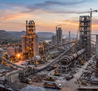 An elevated photograph of a large, complex cement plant operating at dusk. Flaring flames are visible from two of its rotary kilns, which are surrounded by towering structures and silos. Cranes and trucks are positioned around construction and production areas.