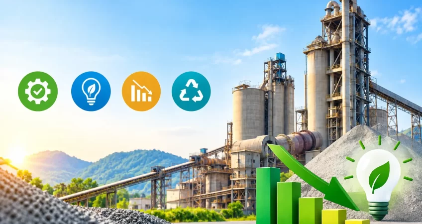 Modern cement plant with energy-efficient equipment, declining energy consumption chart, and sustainability icons.
