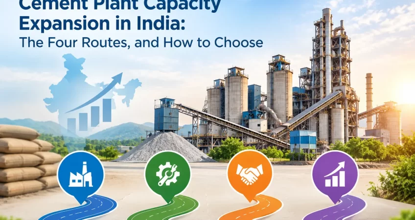 Cement plant capacity expansion in India with growth chart, India map, and four expansion routes.