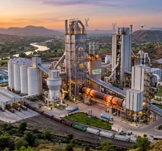 An aerial dusk photograph of a large, modern industrial plant with a rotary kiln and multiple tall buildings, located in a valley with a river and hills in India. The image highlights sustainable elements like solar panels and wind turbines, and includes a railway and truck depot