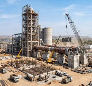 Construction site of a cement plant in India with heavy equipment and kilns.