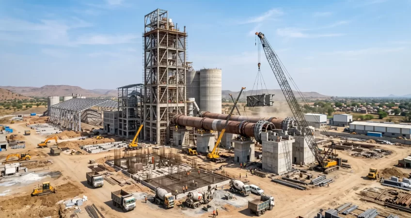 Construction site of a cement plant in India with heavy equipment and kilns.